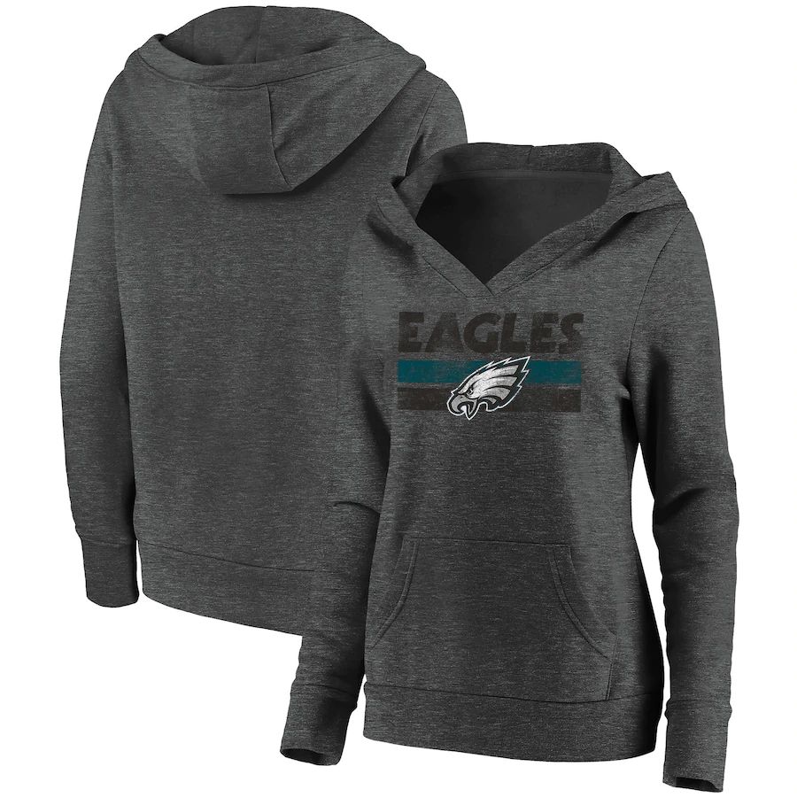 Women Philadelphia Eagles Fanatics Branded Heathered Charcoal First String V-Neck Pullover Hoodie